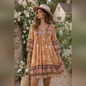 Boho Floral Mini Dress Large Orange V Neck Flowy A Line 3/4 Sleeve Boutique